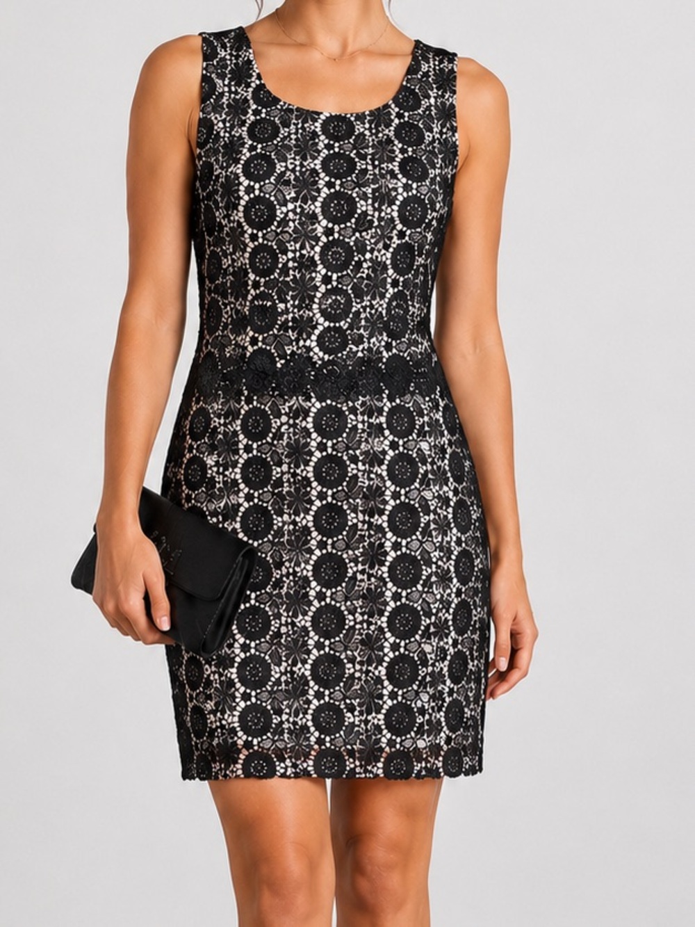 Lace Sheath Dress Size M Black Nude Sleeveless Floral Black Kingdom B